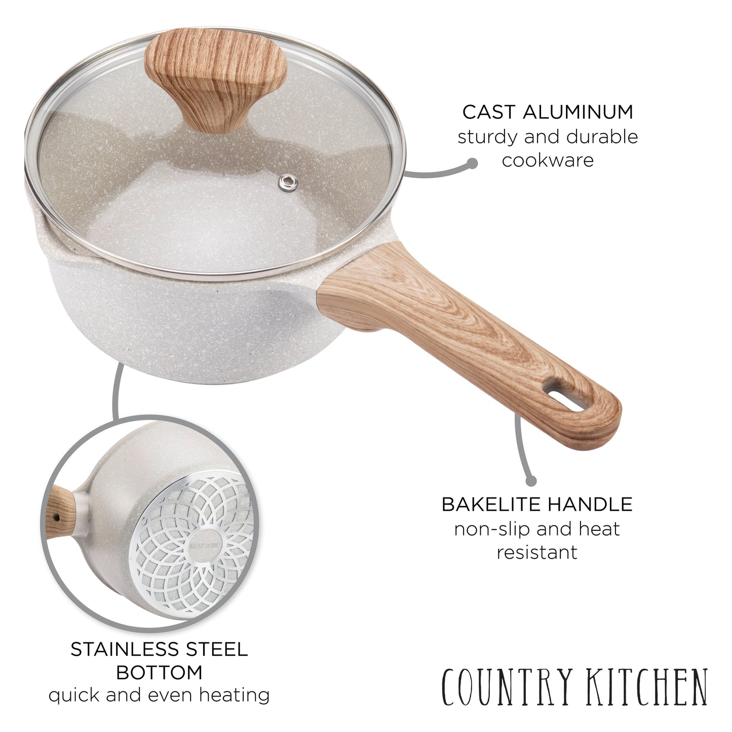 Ensemble de casseroles en fonte d'aluminium antiadhésives Country Kitchen - Batterie de cuisine durable pour la cuisine de tous les jours, 6 à 11 pièces