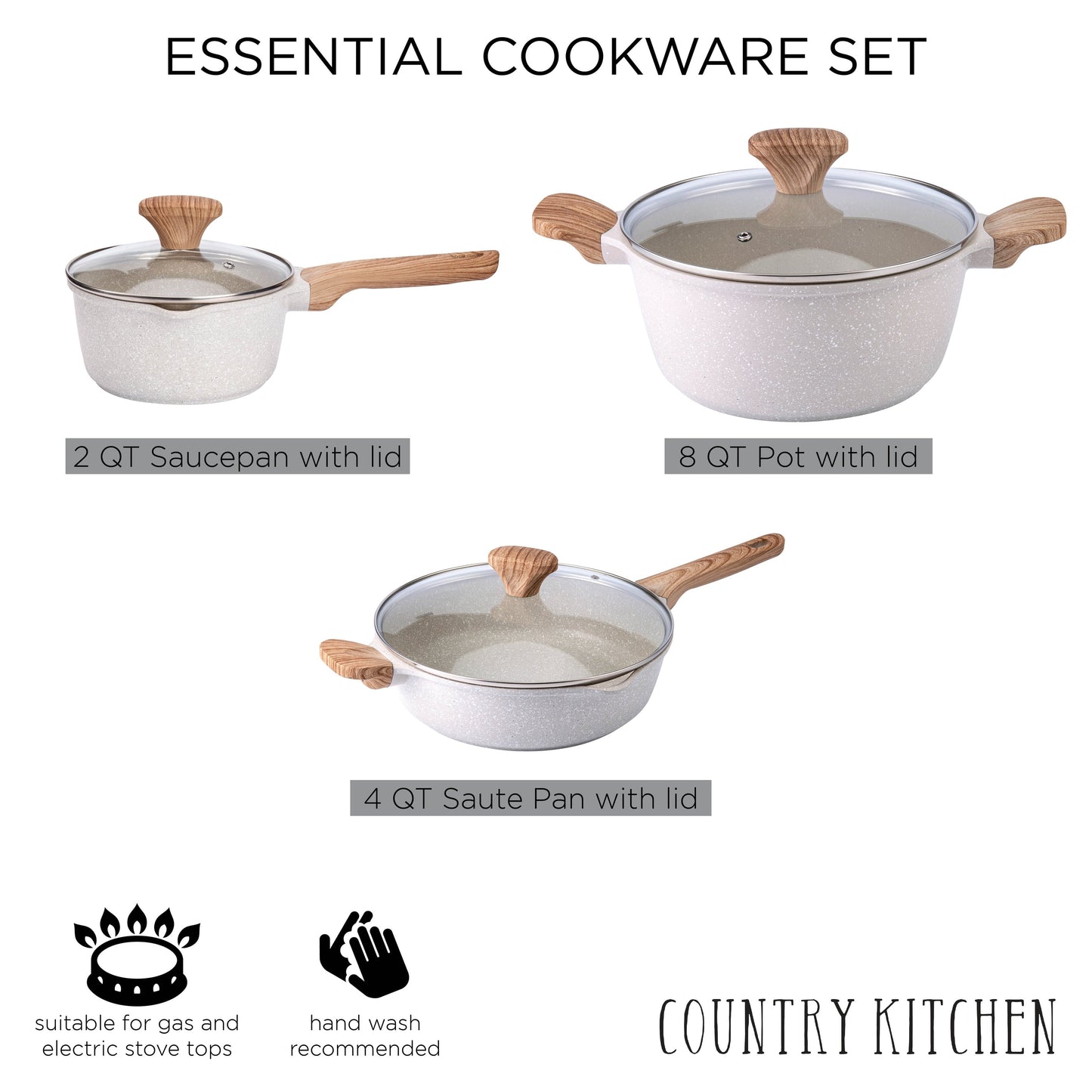Ensemble de casseroles en fonte d'aluminium antiadhésives Country Kitchen - Batterie de cuisine durable pour la cuisine de tous les jours, 6 à 11 pièces