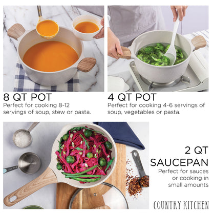 Ensemble de casseroles en fonte d'aluminium antiadhésives Country Kitchen - Batterie de cuisine durable pour la cuisine de tous les jours, 6 à 11 pièces