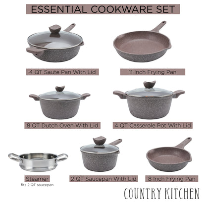Ensemble de casseroles en fonte d'aluminium antiadhésives Country Kitchen - Batterie de cuisine durable pour la cuisine de tous les jours, 6 à 11 pièces