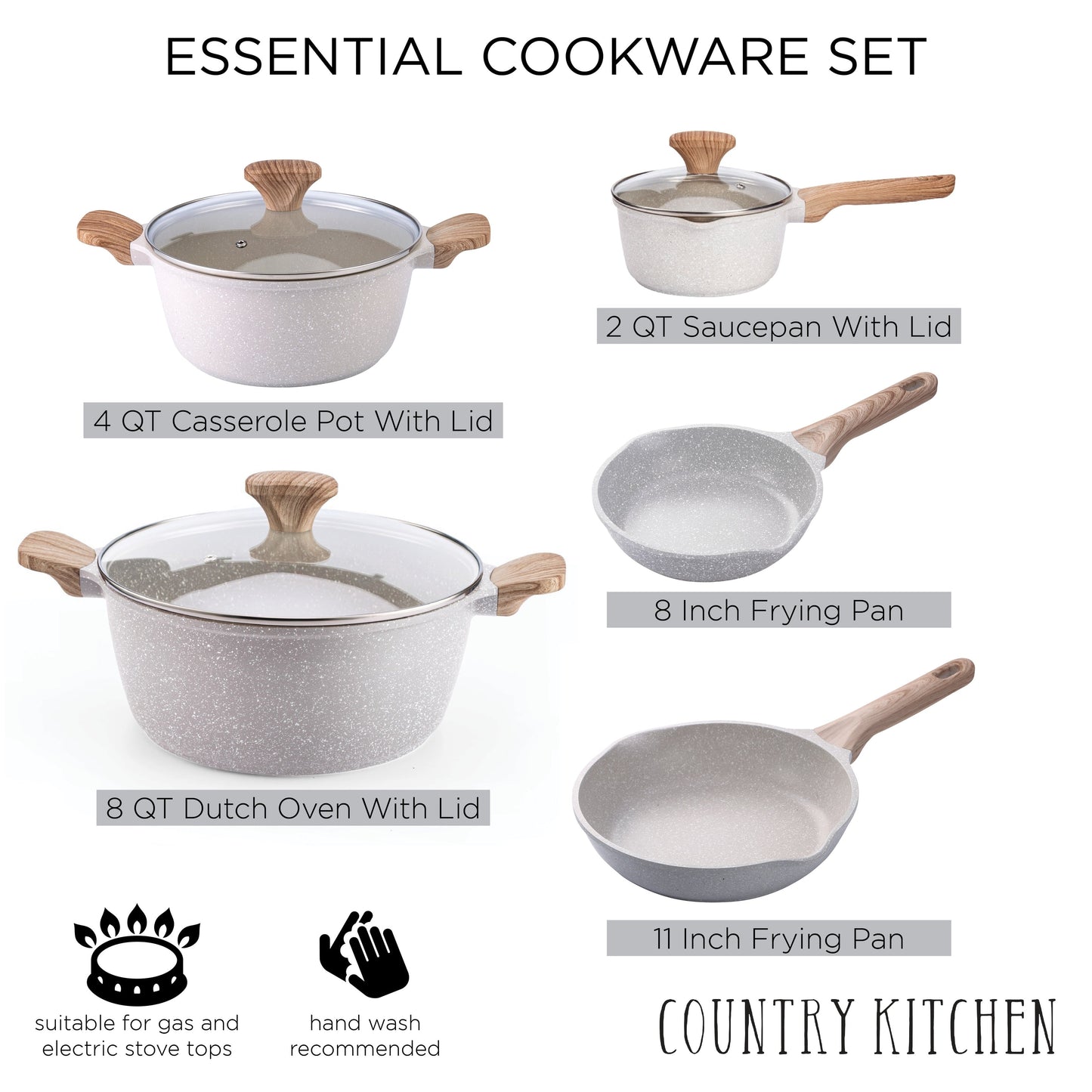 Ensemble de casseroles en fonte d'aluminium antiadhésives Country Kitchen - Batterie de cuisine durable pour la cuisine de tous les jours, 6 à 11 pièces