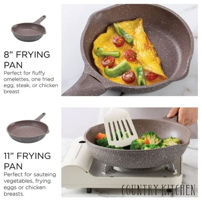 Ensemble de casseroles en fonte d'aluminium antiadhésives Country Kitchen - Batterie de cuisine durable pour la cuisine de tous les jours, 6 à 11 pièces