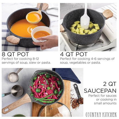 Ensemble de casseroles en fonte d'aluminium antiadhésives Country Kitchen - Batterie de cuisine durable pour la cuisine de tous les jours, 6 à 11 pièces