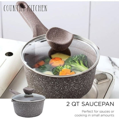 Ensemble de casseroles en fonte d'aluminium antiadhésives Country Kitchen - Batterie de cuisine durable pour la cuisine de tous les jours, 6 à 11 pièces