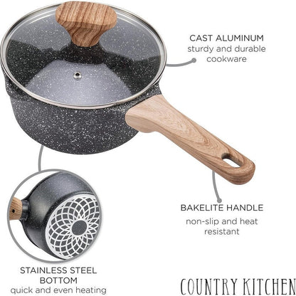 Ensemble de casseroles en fonte d'aluminium antiadhésives Country Kitchen - Batterie de cuisine durable pour la cuisine de tous les jours, 6 à 11 pièces