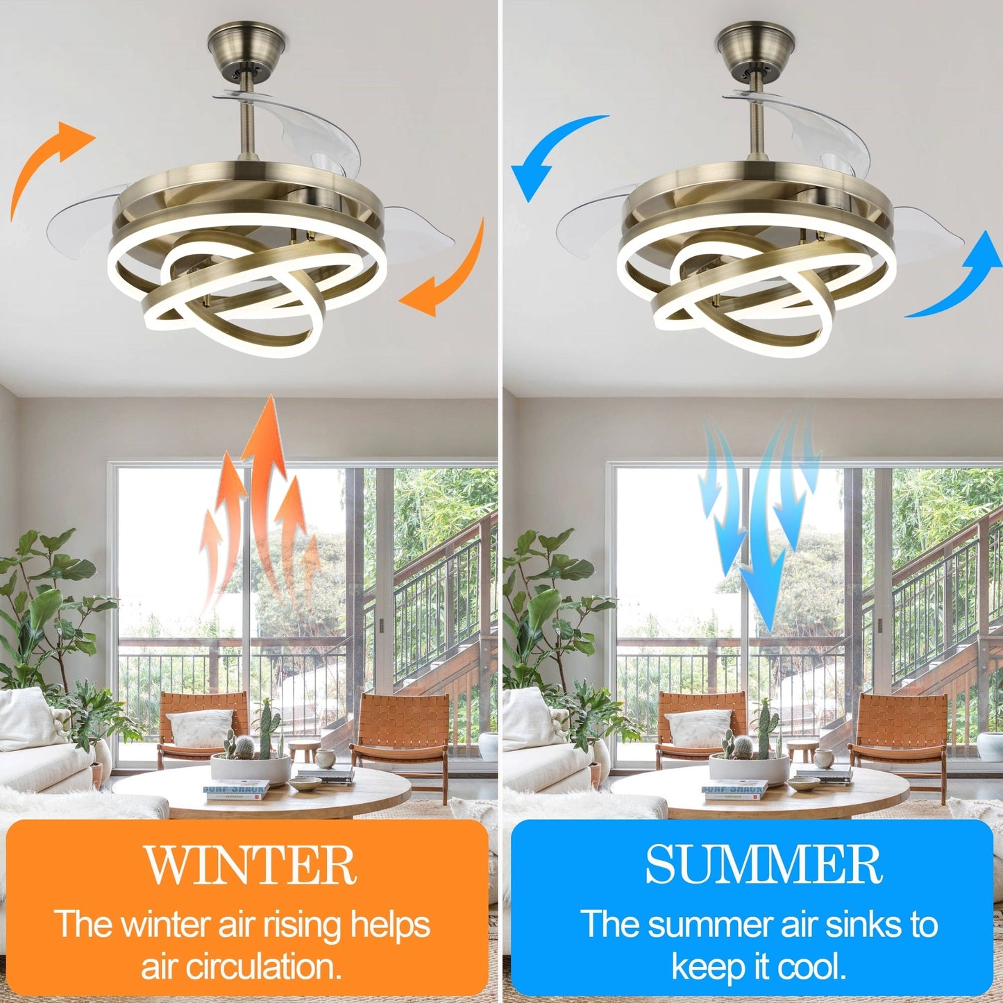 Ventilateur de plafond rétractable Cusp Barn 42 avec lumières et télécommande DIY Forme Fandelier Moderne Silencieux Moteur CC Plafonnier LED