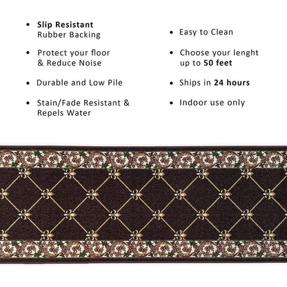 Tapis d'escalier antidérapant Fleur de Lys sur mesure de 66 cm de large