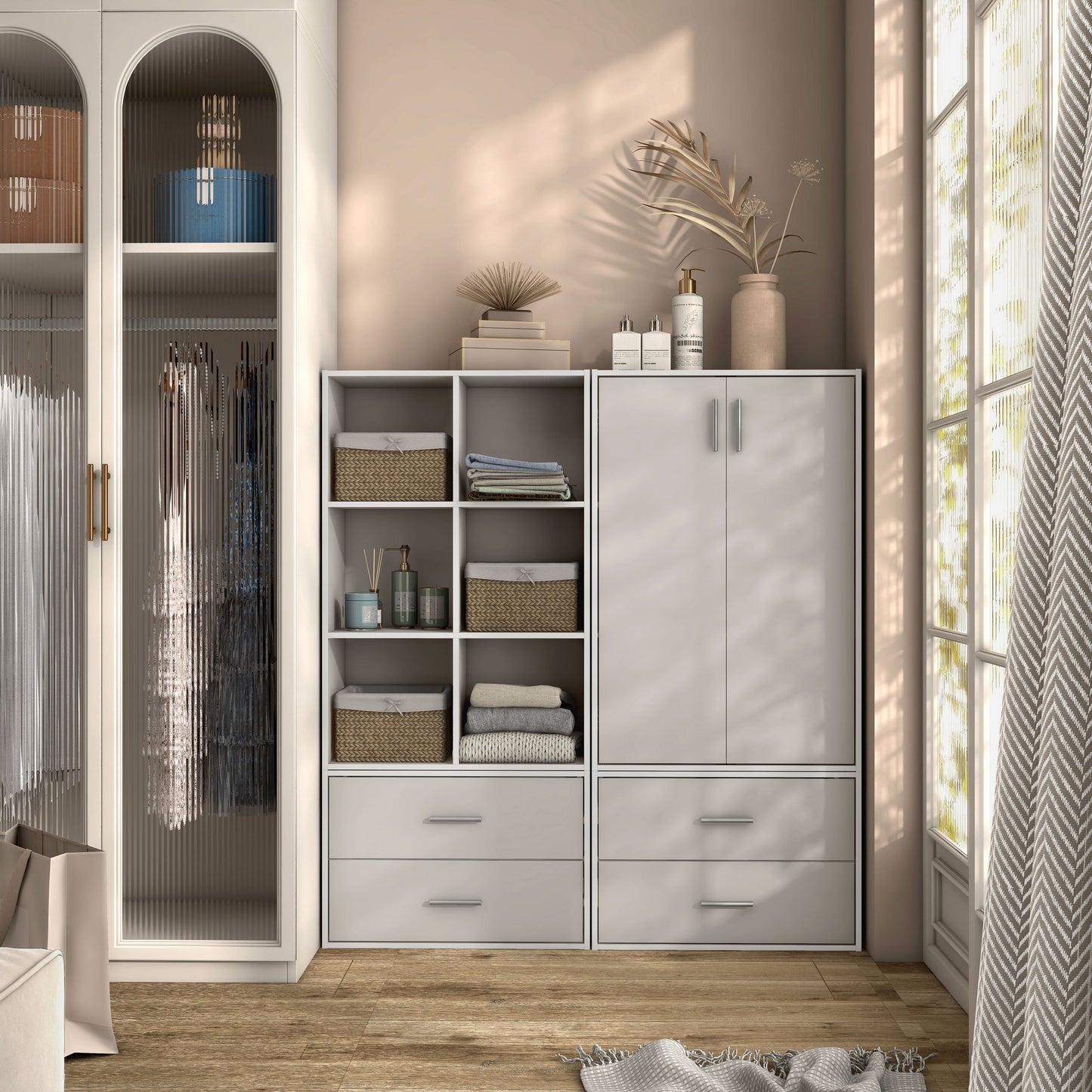 DH BASIC Système de rangement moderne en bois personnalisable et empilable - Étagères cubiques, armoire à tiroirs, bibliothèque avec portes par Denhour