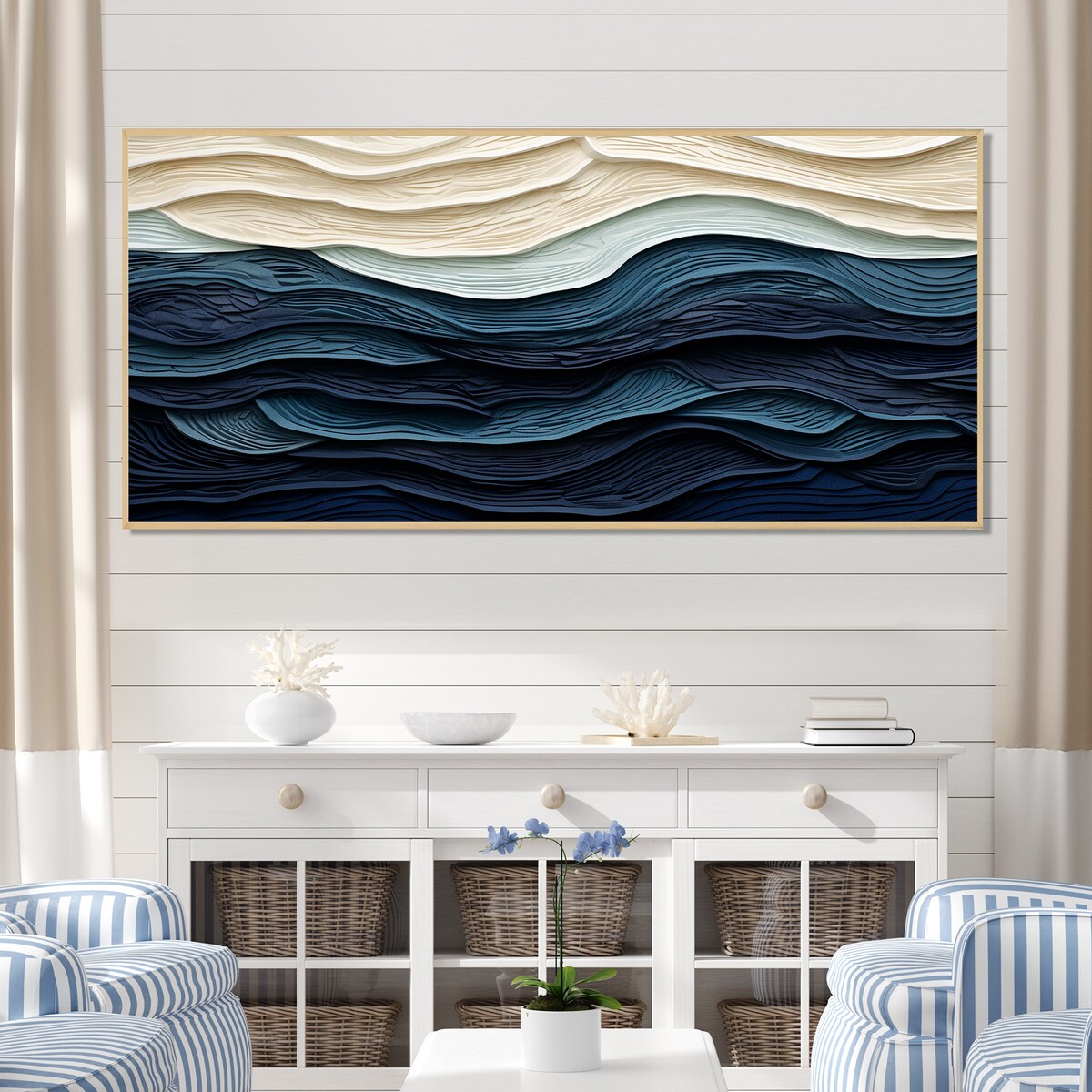 Designart Vague côtière bleue et blanche S Edge Décoration murale bleue minimaliste pour salon côtier Tableau sur toile encadrée