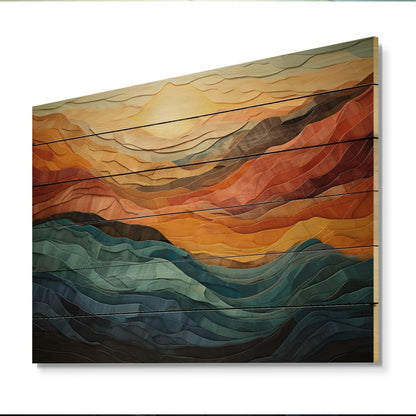 Impression moderne de paysage de montagnes audacieuses corail sarcelle Designart sur bois de pin naturel