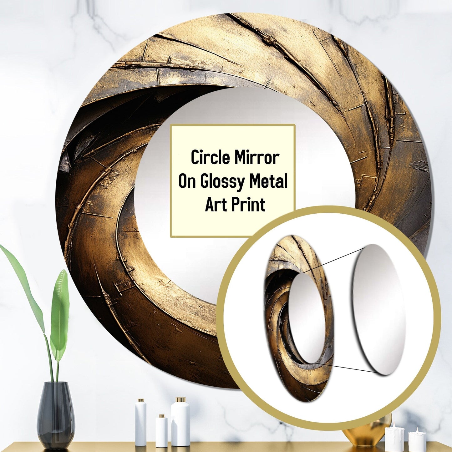 Miroir de salon Designart Gold Black Timeless Turn à spirales abstraites - Grand miroir rond moderne doré