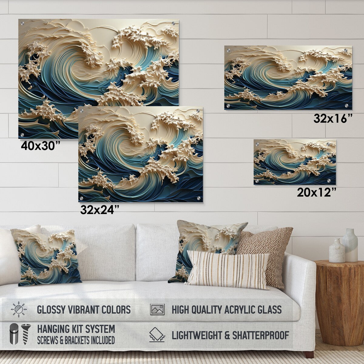 Décoration murale brillante Designart Vagues blanches et bleues style découpage papier III - Art mural acrylique côtier pour chambre