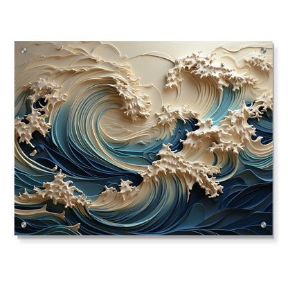 Décoration murale brillante Designart Vagues blanches et bleues style découpage papier III - Art mural acrylique côtier pour chambre