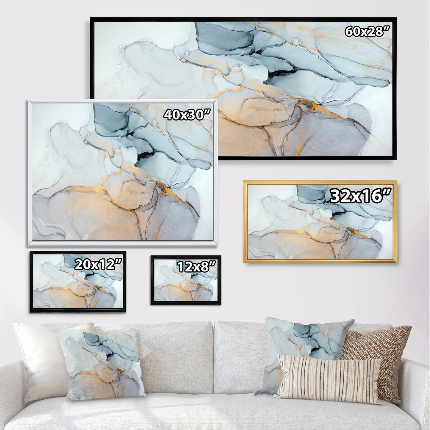 Designart Luxry Marbre Bleu et Gris Ondulations II Tableau abstrait encadré sur toile