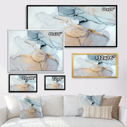 Designart Luxry Marbre Bleu et Gris Ondulations II Tableau abstrait encadré sur toile