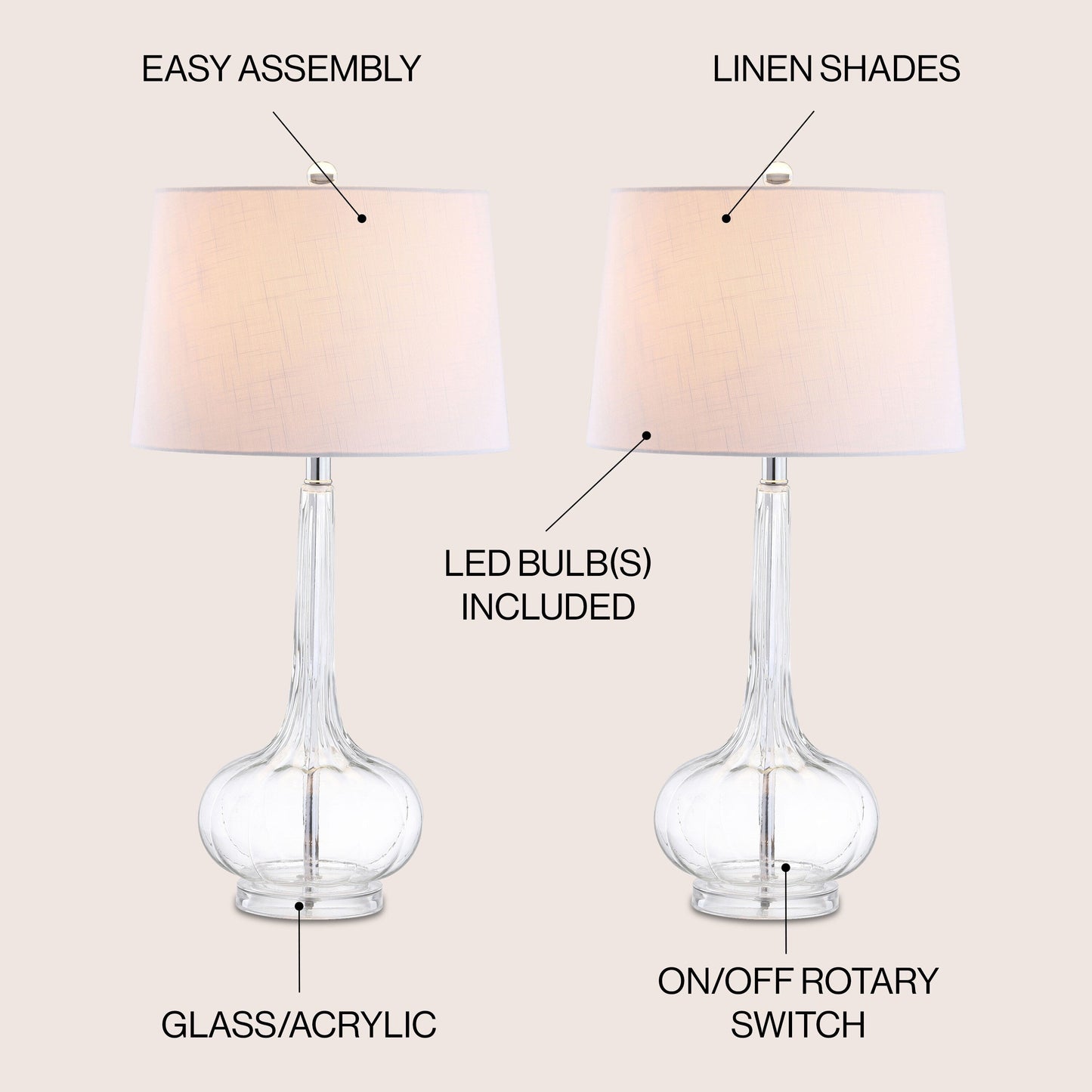 Lampe de table à LED Diamante 28,5 en verre, forme goutte d'eau, rose (lot de 2) par JONATHAN Y