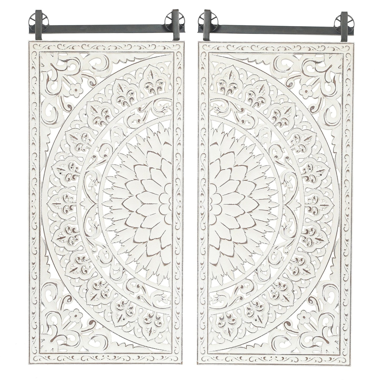 Décoration murale en bois blanc ivoire vieilli avec des accents noirs (lot de 2)