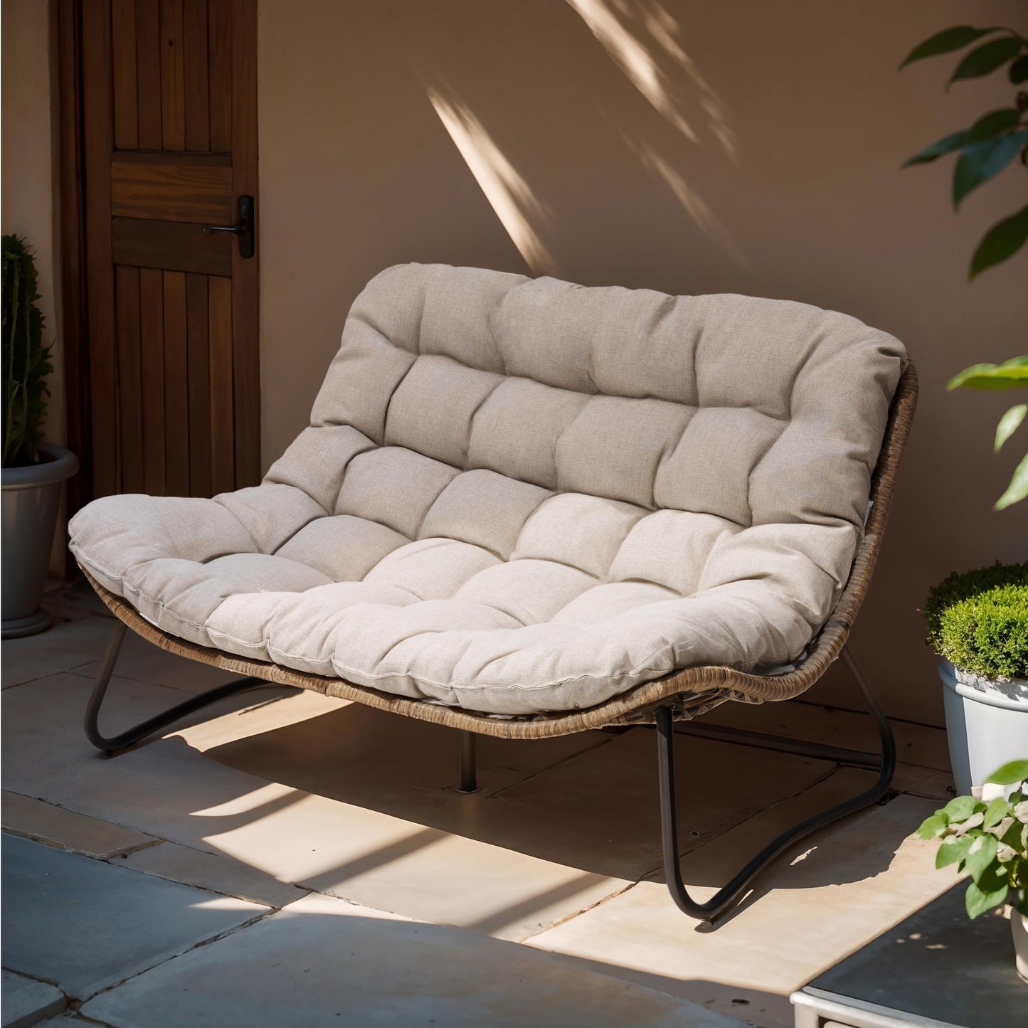 Fauteuil Papasan double avec coussin, rotin PE toutes saisons et cadre en métal pour intérieur et extérieur