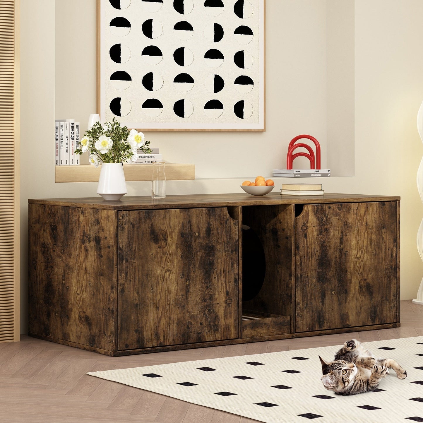 Meuble multifonctionnel pour bac à litière à double compartiment