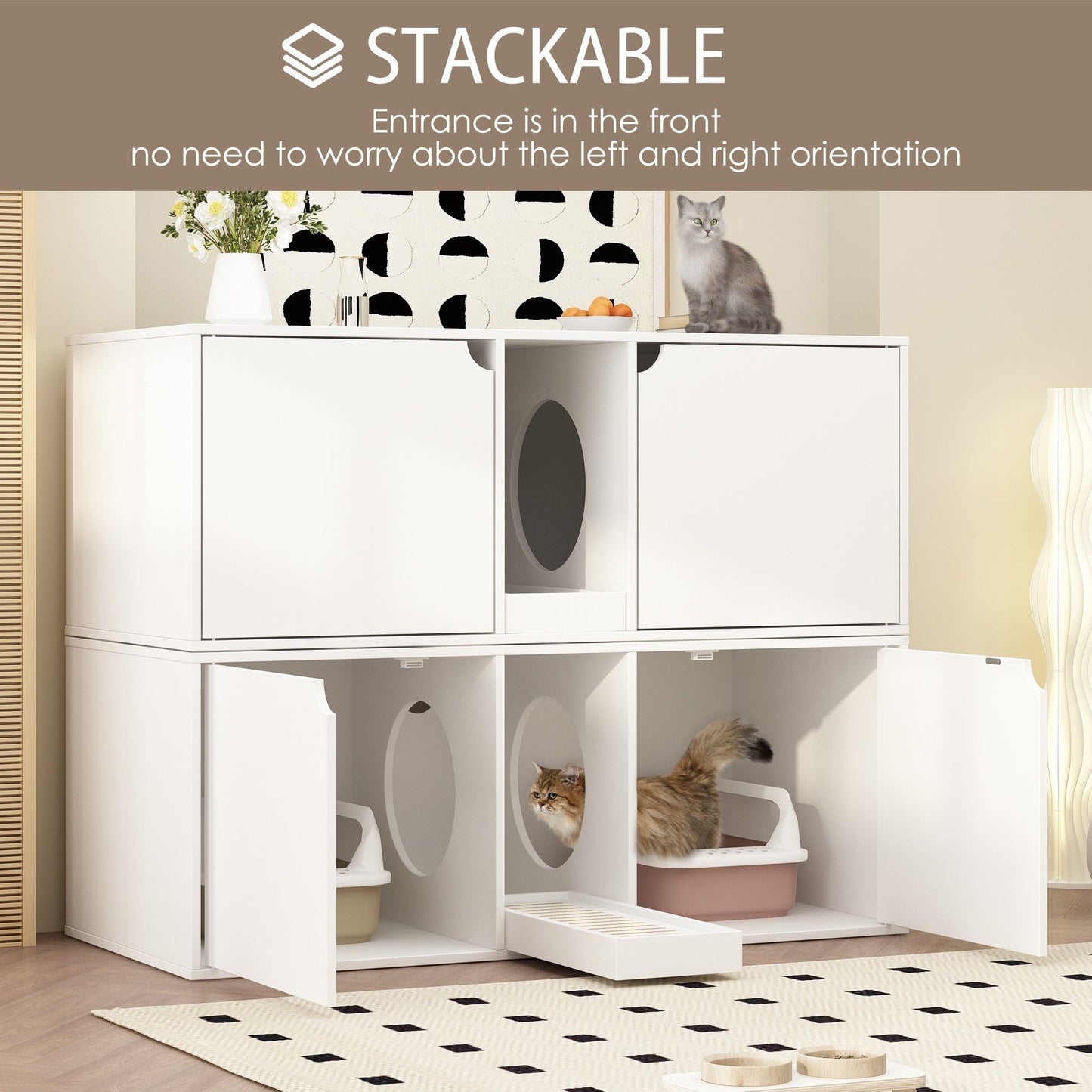 Meuble multifonctionnel pour bac à litière à double compartiment