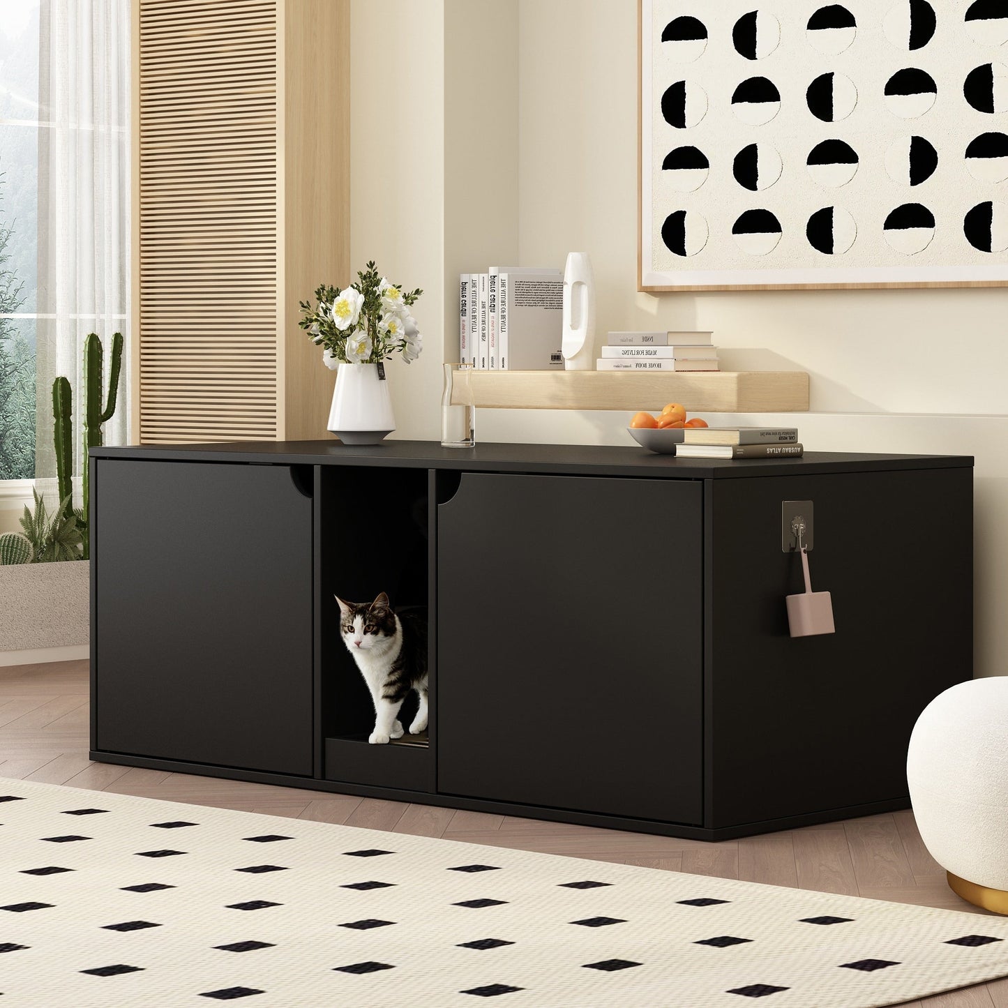 Meuble multifonctionnel pour bac à litière à double compartiment