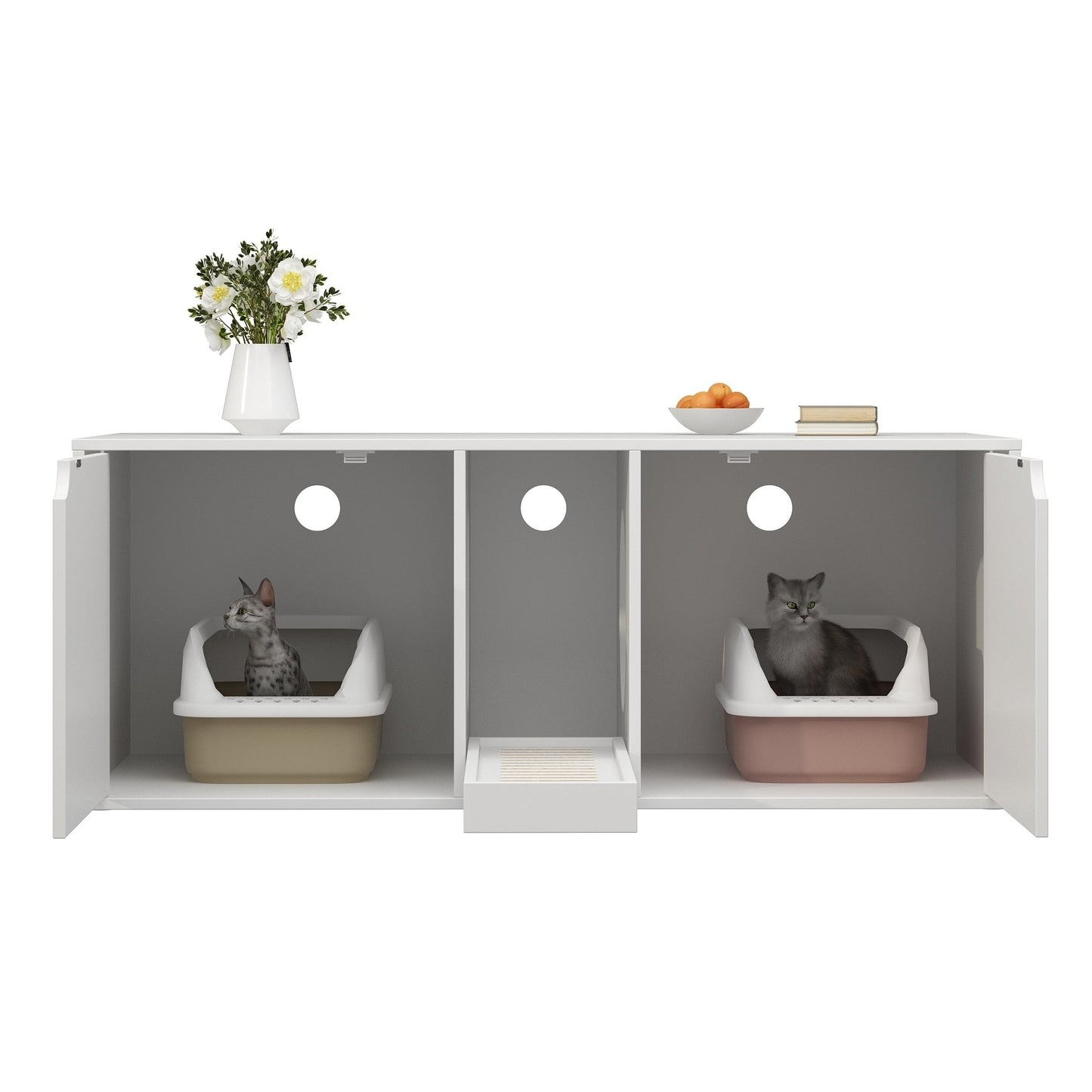 Meuble multifonctionnel pour bac à litière à double compartiment