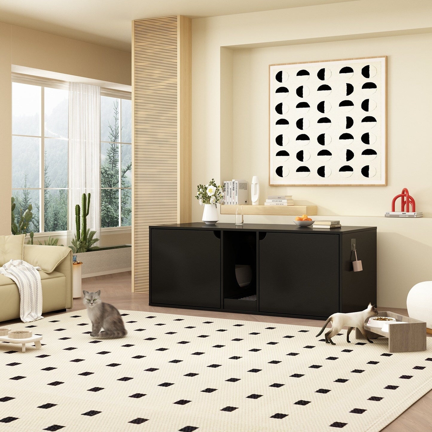 Meuble multifonctionnel pour bac à litière à double compartiment