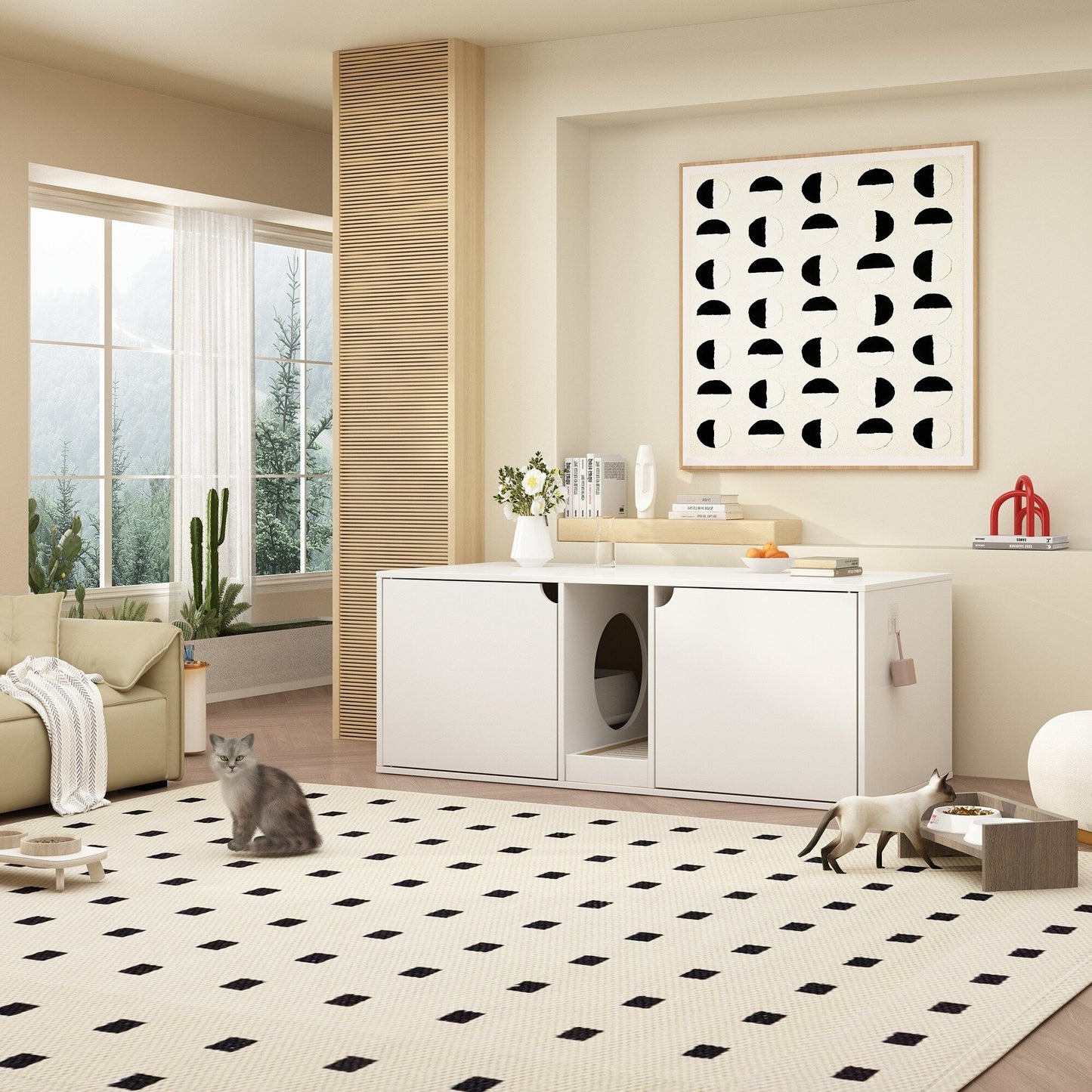 Meuble multifonctionnel pour bac à litière à double compartiment