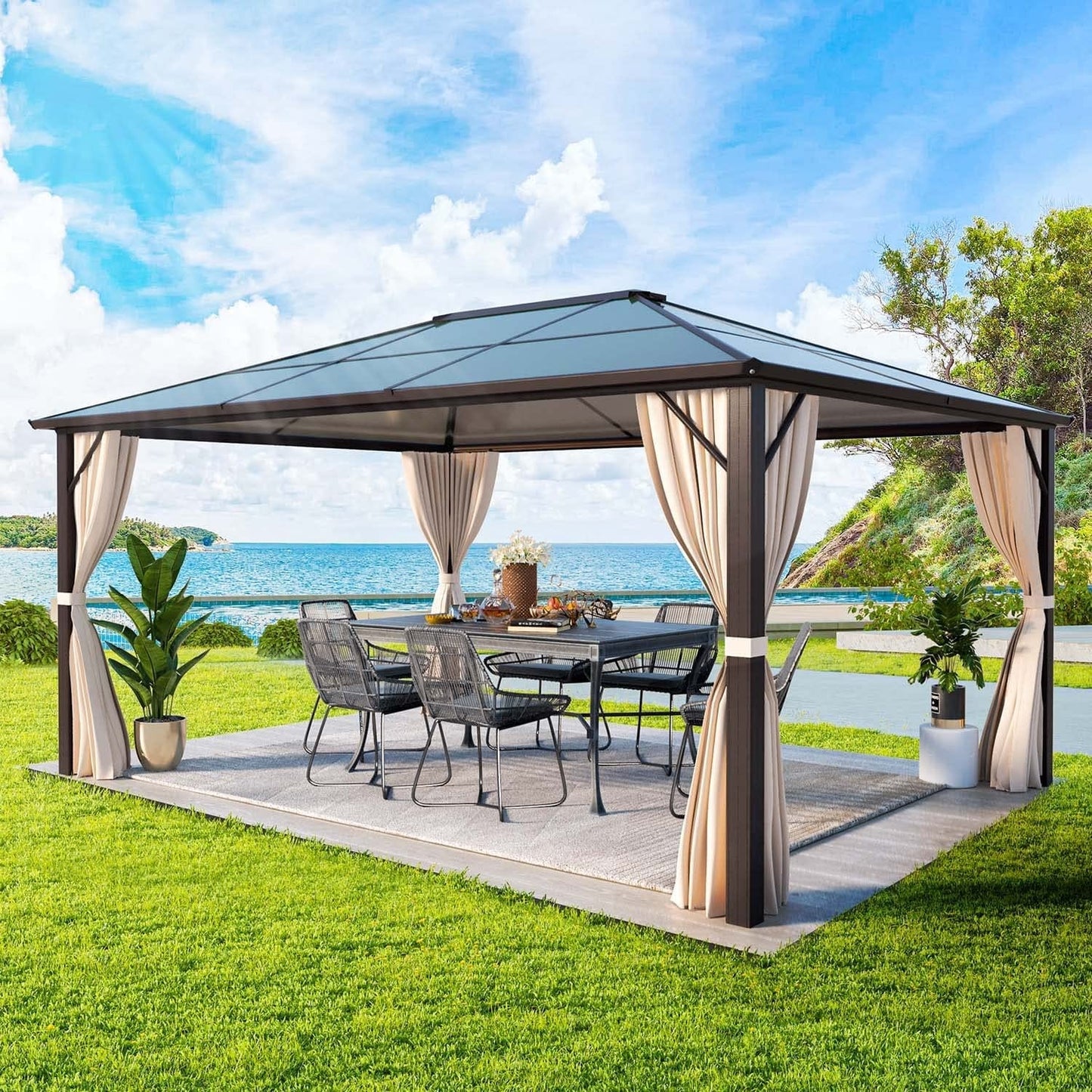 Tonnelle à toit rigide pour jardin – Pergola permanente avec filet, rideaux et double toit, abri extérieur toutes saisons