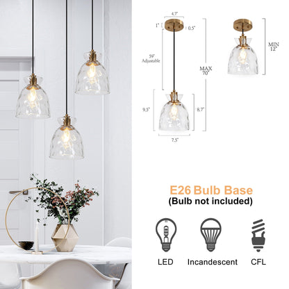 Suspension moderne du milieu du siècle Elisie à 1 ampoule en verre martelé avec dôme en cascade pour cuisine, îlot de cuisine, salle à manger