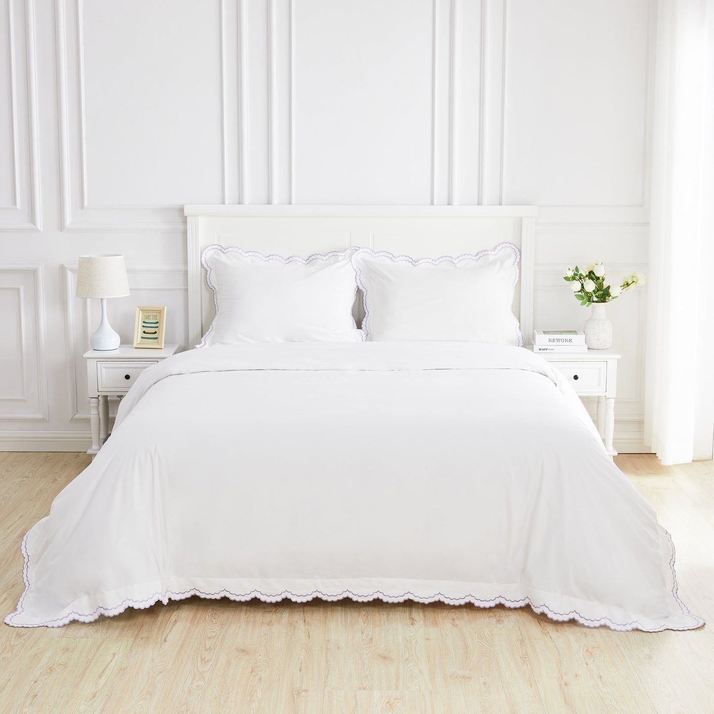 Parure de lit double festonnée en percale de coton frais brodée avec taie d'oreiller