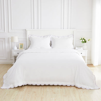 Parure de lit double festonnée en percale de coton frais brodée avec taie d'oreiller