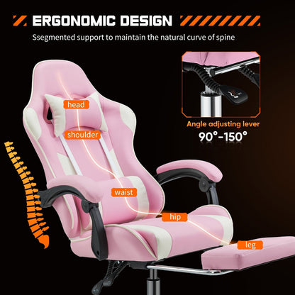 Fauteuil de jeu ergonomique pivotant à 360° en cuir PU avec repose-pieds, appui-tête, soutien lombaire et hauteur réglable