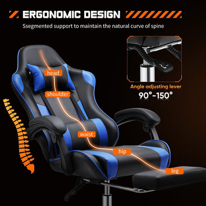 Fauteuil de jeu ergonomique pivotant à 360° en cuir PU avec repose-pieds, appui-tête, soutien lombaire et hauteur réglable