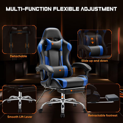 Fauteuil de jeu ergonomique pivotant à 360° en cuir PU avec repose-pieds, appui-tête, soutien lombaire et hauteur réglable