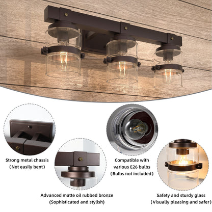 Appliques murales ExBrite Farmhouse à 3 lumières, intensité variable, en fer noir pour salle de bain