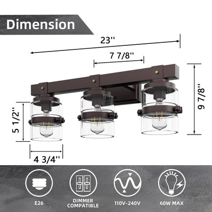 Appliques murales ExBrite Farmhouse à 3 lumières, intensité variable, en fer noir pour salle de bain