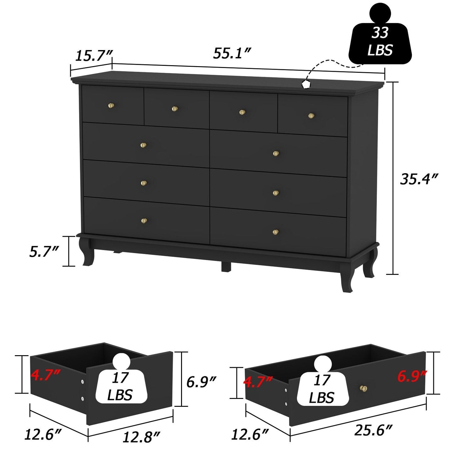 Commode double à 10 tiroirs pour chambre à coucher, commode blanche, grand espace de rangement