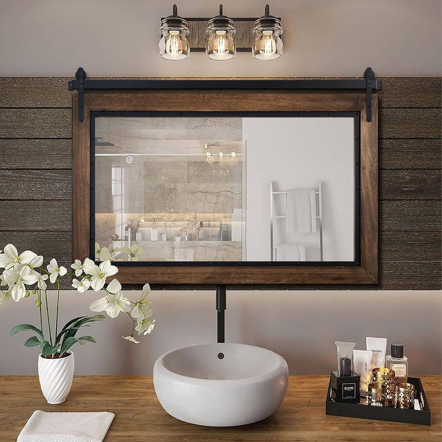 Miroir mural de salle de bain en bois naturel style porte de grange