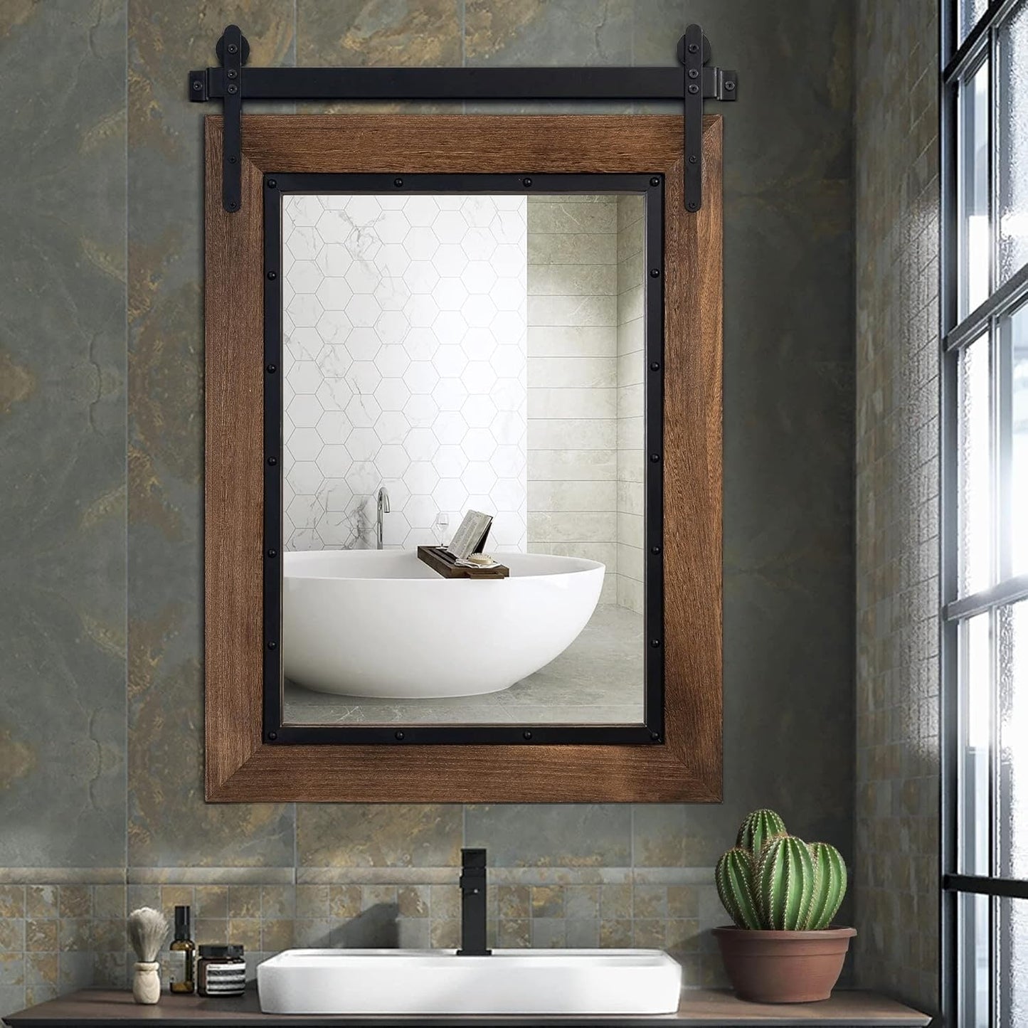 Miroir mural de salle de bain en bois naturel style porte de grange