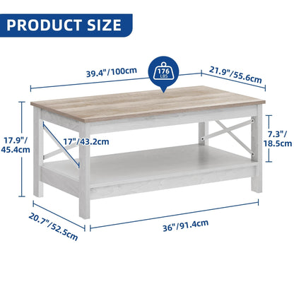 Table basse de style campagnard avec rangement, table centrale à 2 niveaux pour salon