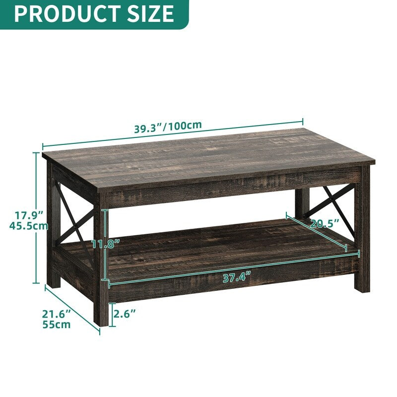 Table basse de style campagnard avec rangement, table centrale à 2 niveaux pour salon