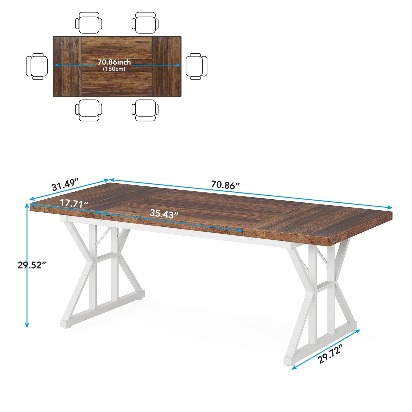 Table à manger de style ferme pour 6 personnes, table de cuisine rectangulaire en bois de 70,8 pouces