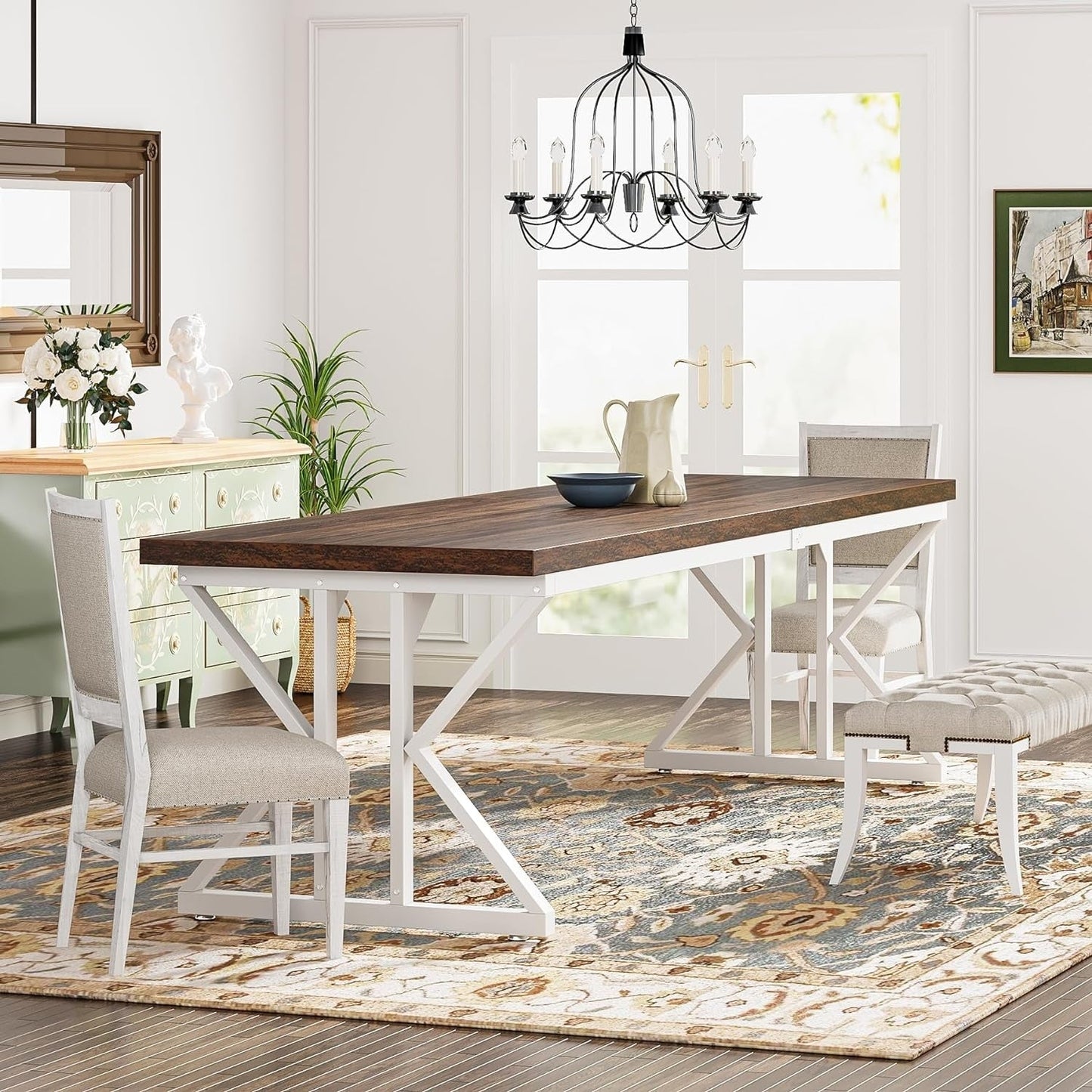 Table à manger de style ferme pour 6 personnes, table de cuisine rectangulaire en bois de 70,8 pouces