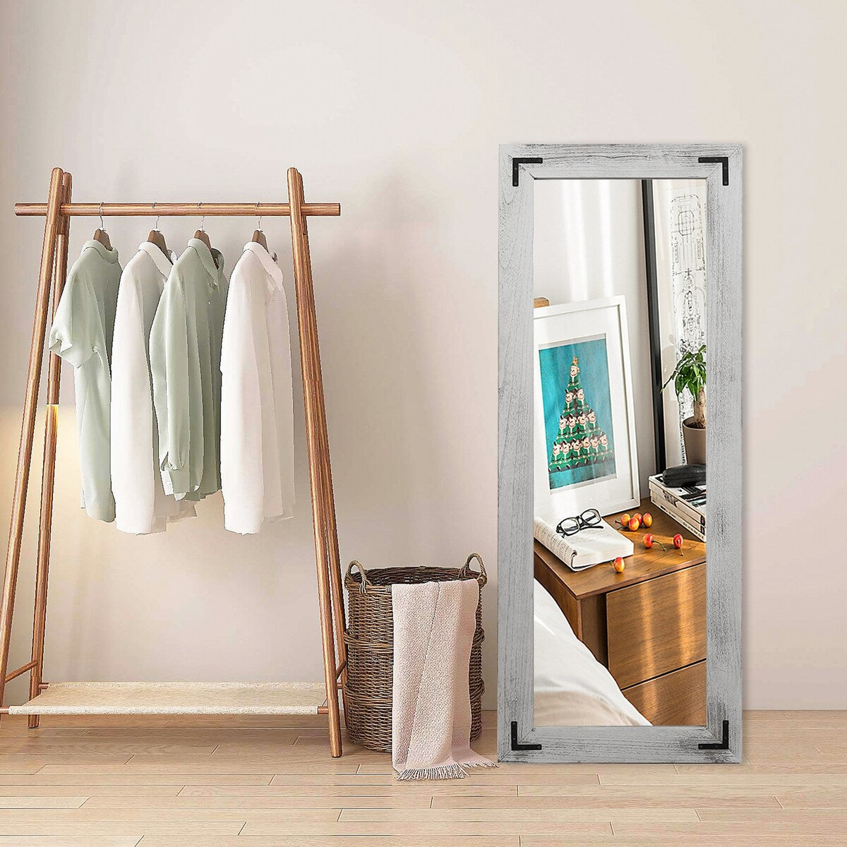 Miroir de sol pleine longueur avec cadre en bois rustique de style ferme - 65 x 24