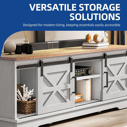 Meuble TV Farmhouse pouvant accueillir jusqu'à 65 téléviseurs avec portes et étagères ouvertes Console multimédia Prise de courant