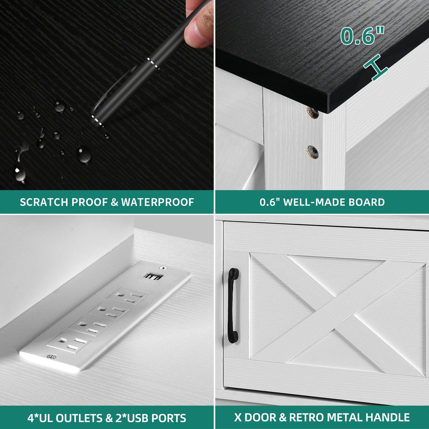 Meuble TV Farmhouse pouvant accueillir jusqu'à 65 téléviseurs avec portes et étagères ouvertes Console multimédia Prise de courant