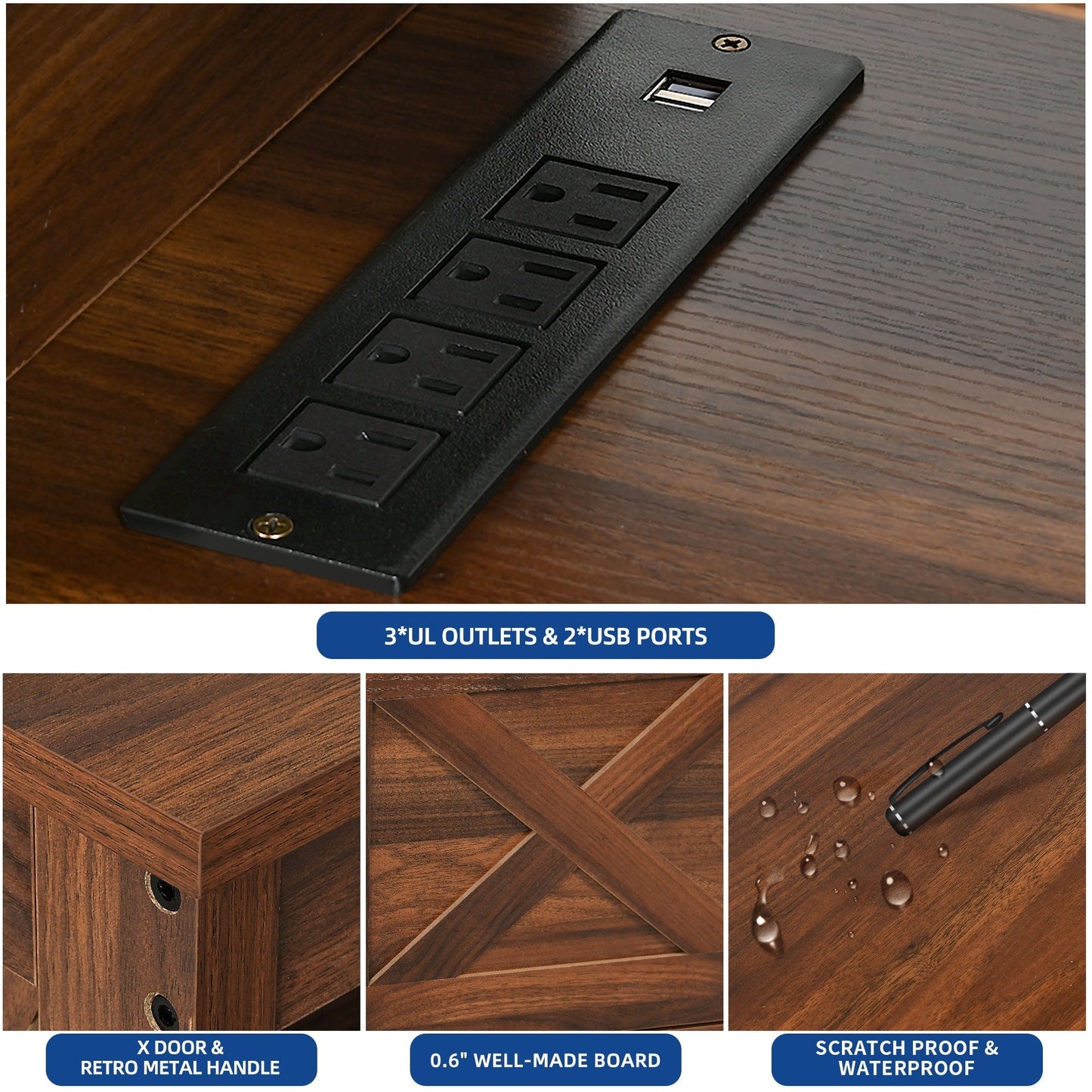 Meuble TV Farmhouse pouvant accueillir jusqu'à 65 téléviseurs avec portes et étagères ouvertes Console multimédia Prise de courant