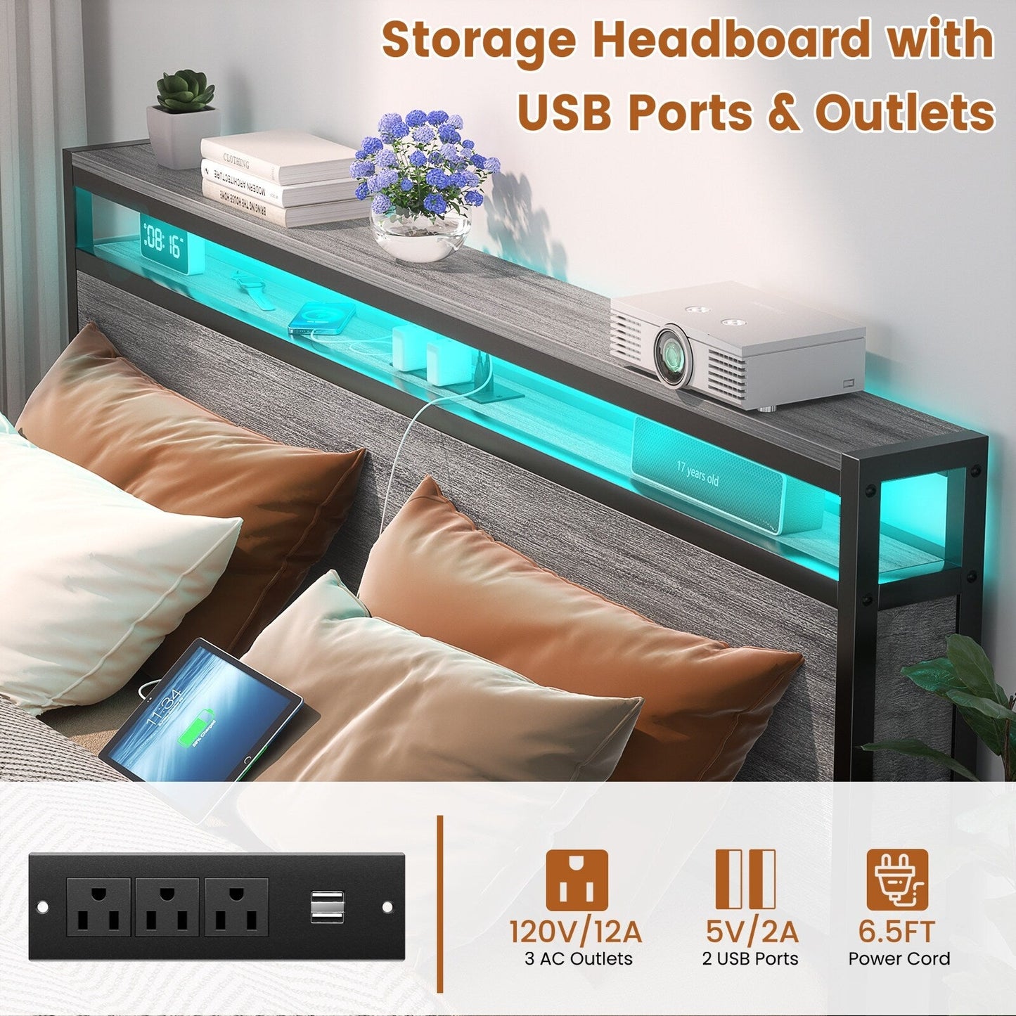 Cadre de lit plateforme en bois de style ferme avec station de charge et lumières LED