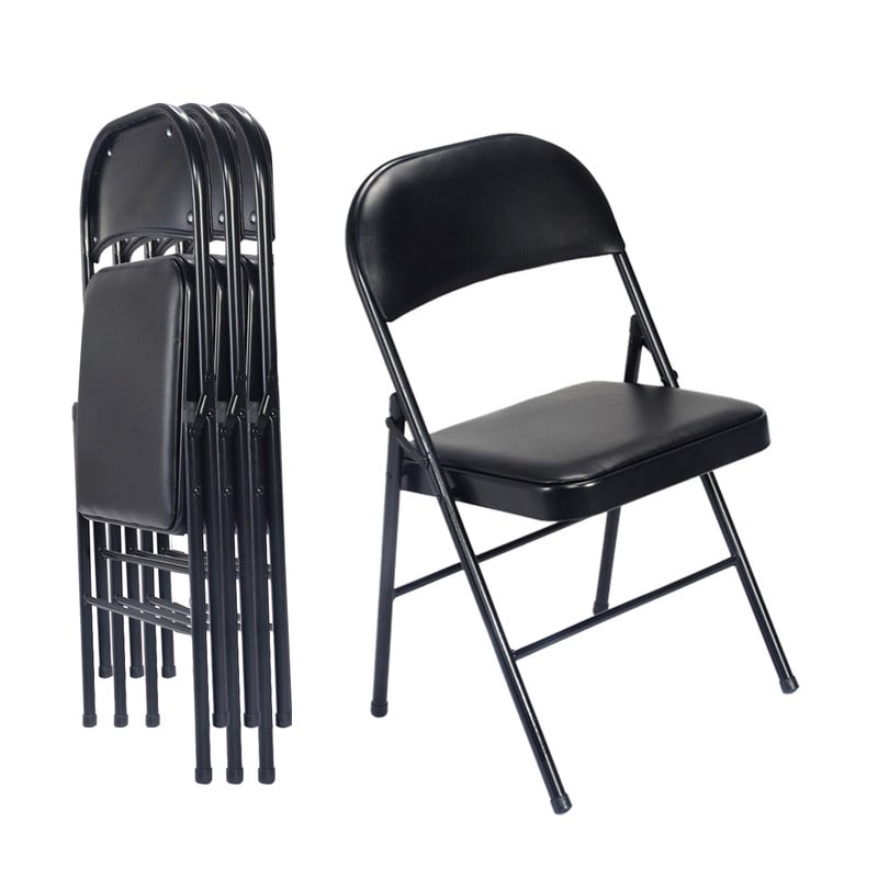 Lot de 4 chaises pliantes noires avec assise rembourrée en cuir.